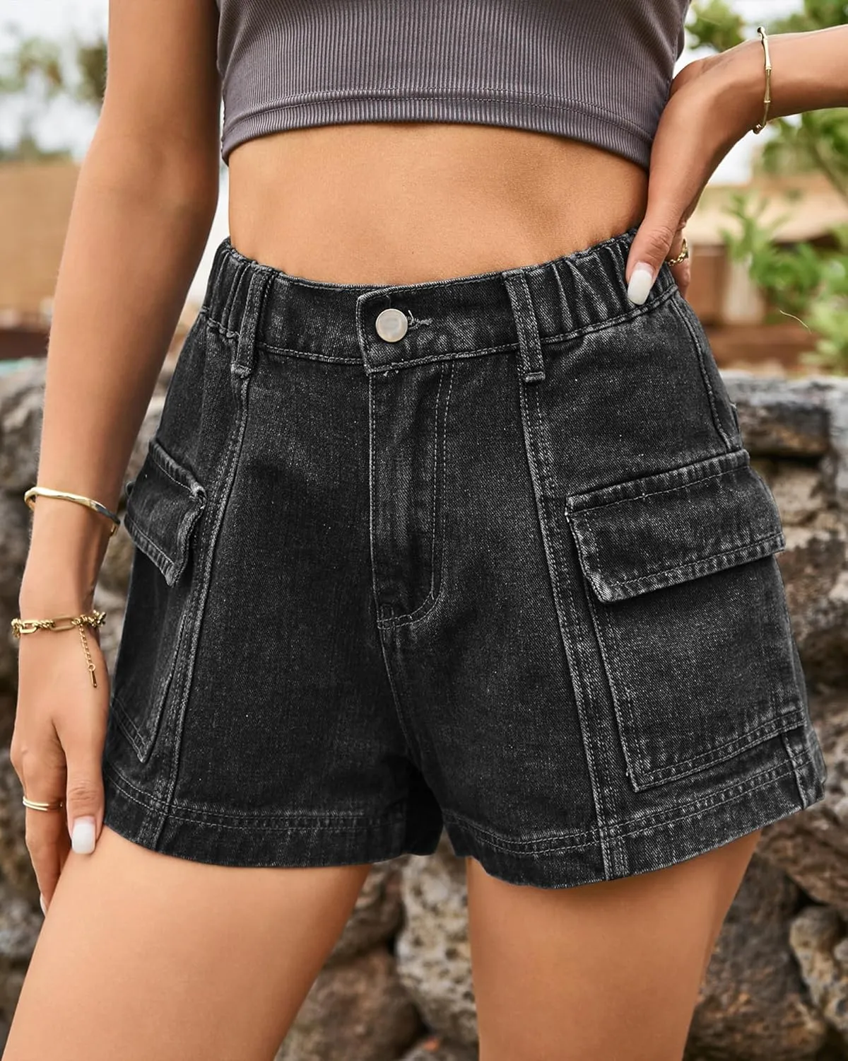 HVEPUO Womens High Waisted Cargo Jean Shorts Y2K Casual Summer Denim Shorts Elastic Waist Pull On Shorts with Pockets