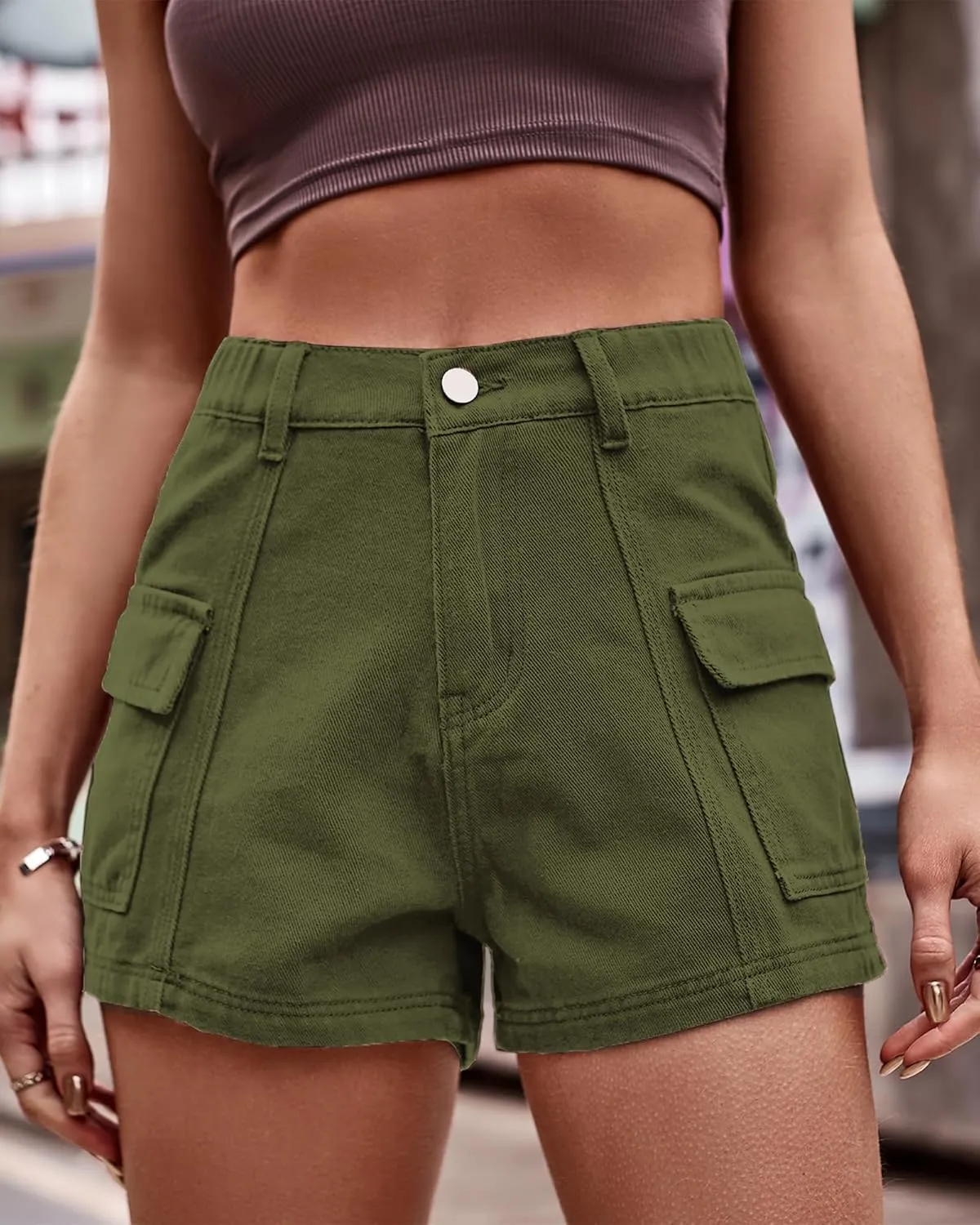 HVEPUO Womens High Waisted Cargo Jean Shorts Y2K Casual Summer Denim Shorts Elastic Waist Pull On Shorts with Pockets