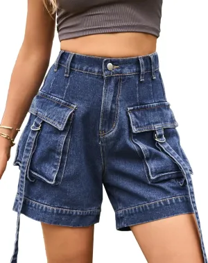 HVEPUO Womens High Waisted Cargo Jean Shorts Y2K Casual Summer Denim Shorts Elastic Waist Pull On Shorts with Pockets