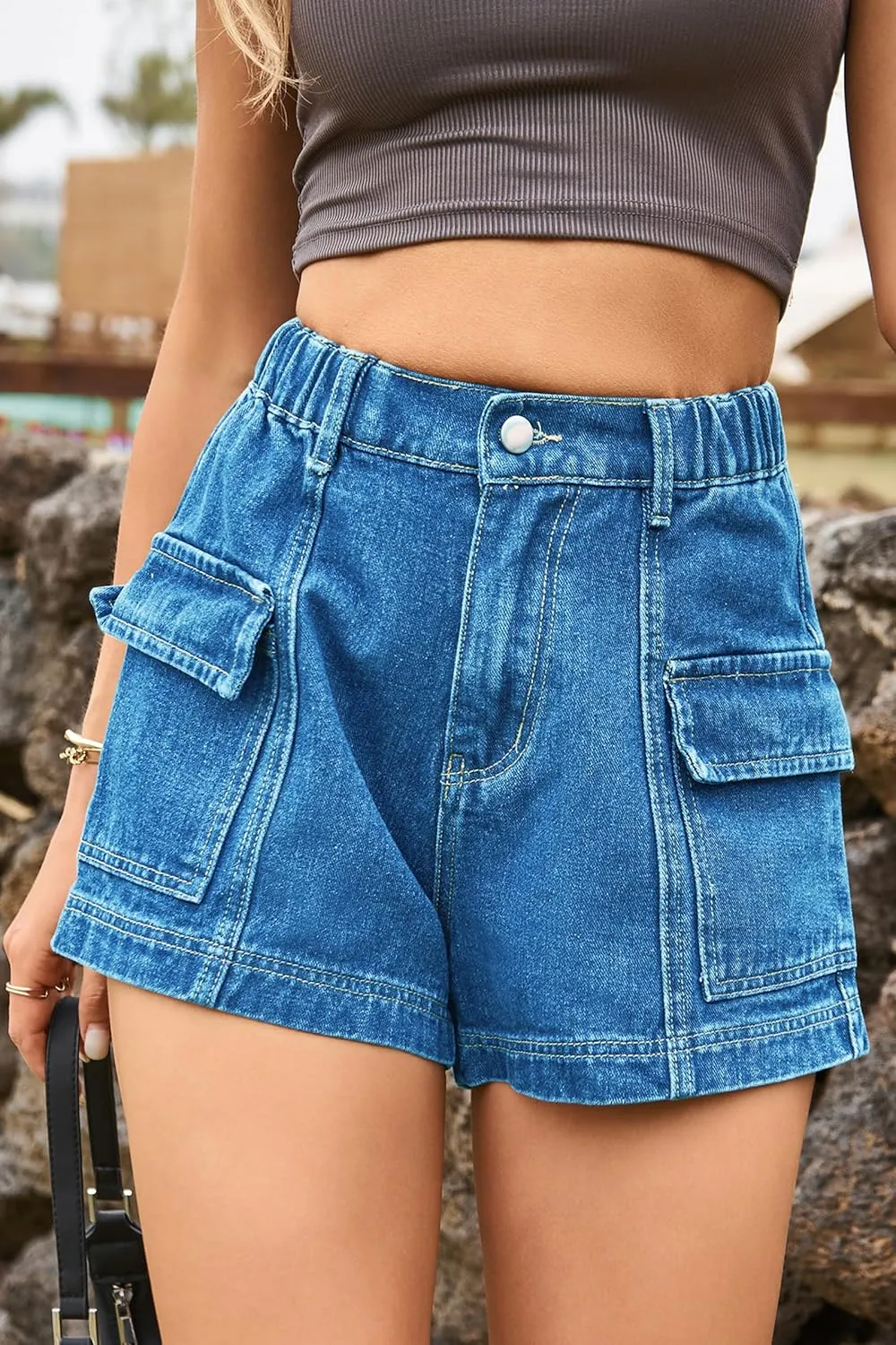 HVEPUO Womens High Waisted Cargo Jean Shorts Y2K Casual Summer Denim Shorts Elastic Waist Pull On Shorts with Pockets