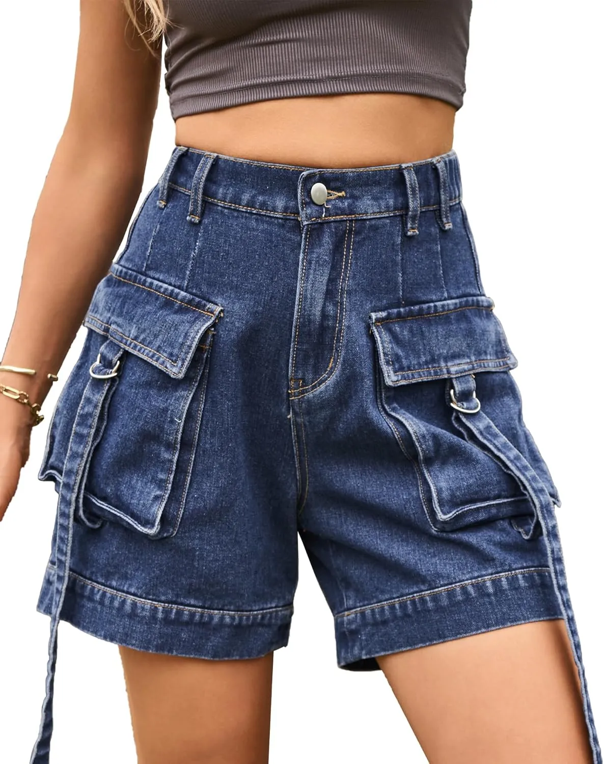 HVEPUO Womens High Waisted Cargo Jean Shorts Y2K Casual Summer Denim Shorts Elastic Waist Pull On Shorts with Pockets