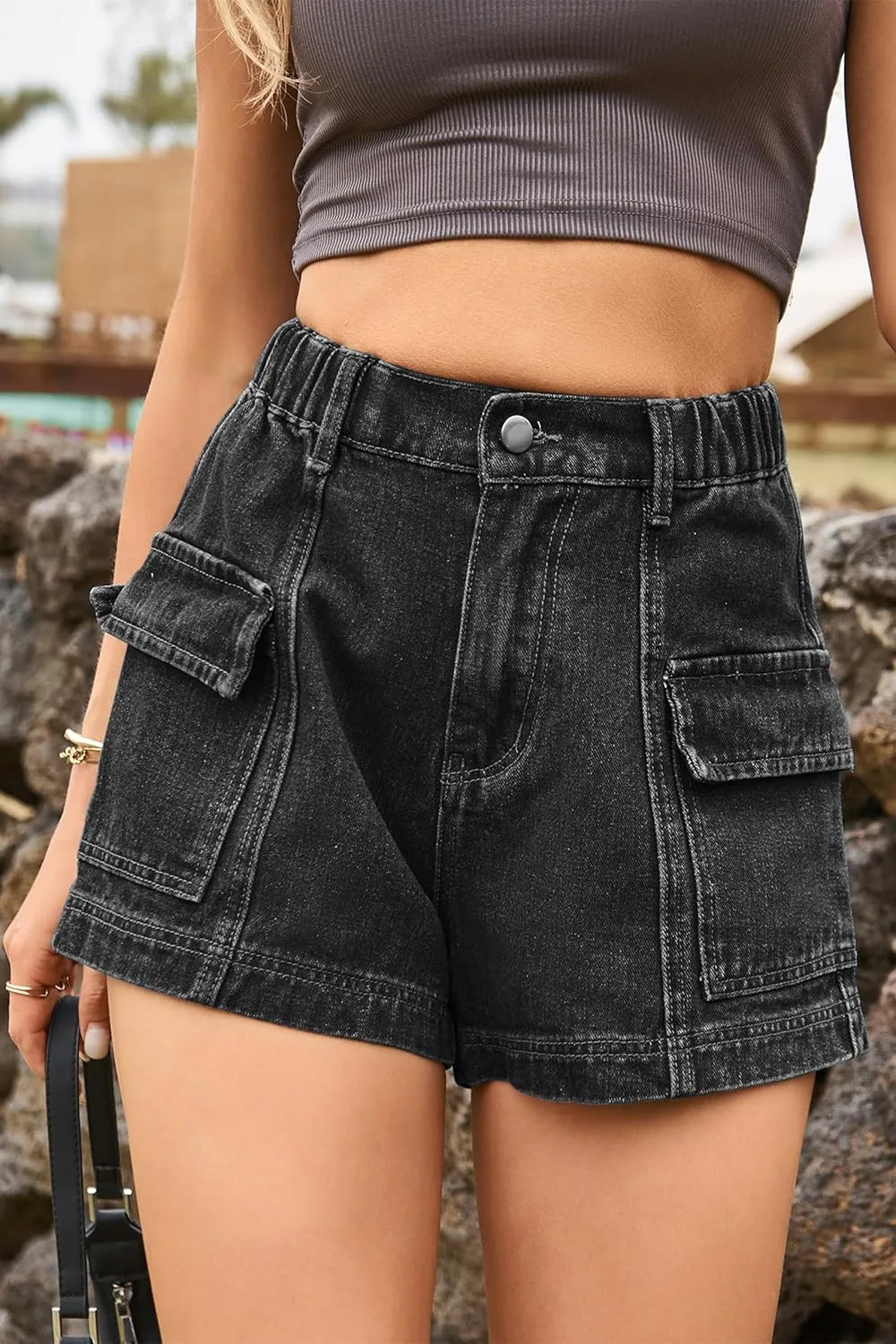 HVEPUO Womens High Waisted Cargo Jean Shorts Y2K Casual Summer Denim Shorts Elastic Waist Pull On Shorts with Pockets