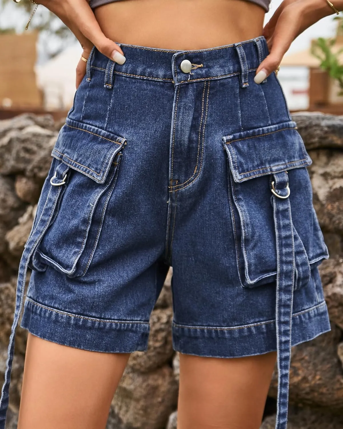 HVEPUO Womens High Waisted Cargo Jean Shorts Y2K Casual Summer Denim Shorts Elastic Waist Pull On Shorts with Pockets