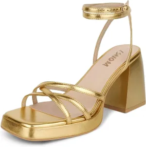 ISNOM Platform Heels for Women Comfortable Strappy Heels Short Block Chunky Sandals Ankle Strap Simple Summer Heeled Sandals Square Open Toe for Wedding Work Party Dressy Prom