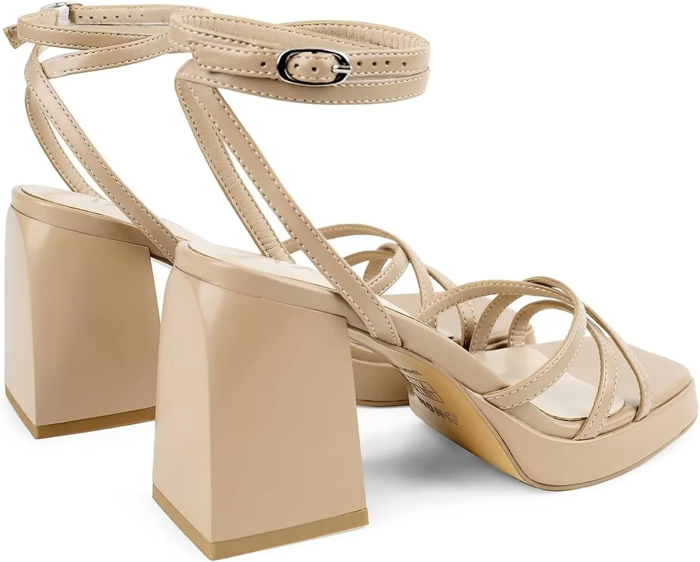 ISNOM Platform Heels for Women Comfortable Strappy Heels Short Block Chunky Sandals Ankle Strap Simple Summer Heeled Sandals Square Open Toe for Wedding Work Party Dressy Prom