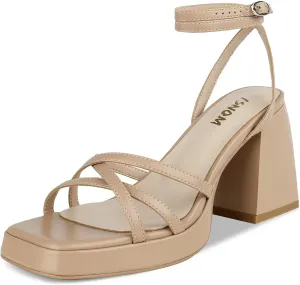 ISNOM Platform Heels for Women Comfortable Strappy Heels Short Block Chunky Sandals Ankle Strap Simple Summer Heeled Sandals Square Open Toe for Wedding Work Party Dressy Prom