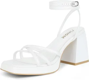 ISNOM Platform Heels for Women Comfortable Strappy Heels Short Block Chunky Sandals Ankle Strap Simple Summer Heeled Sandals Square Open Toe for Wedding Work Party Dressy Prom