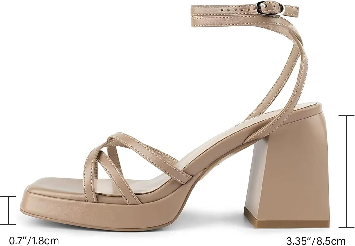 ISNOM Platform Heels for Women Comfortable Strappy Heels Short Block Chunky Sandals Ankle Strap Simple Summer Heeled Sandals Square Open Toe for Wedding Work Party Dressy Prom