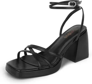ISNOM Platform Heels for Women Comfortable Strappy Heels Short Block Chunky Sandals Ankle Strap Simple Summer Heeled Sandals Square Open Toe for Wedding Work Party Dressy Prom