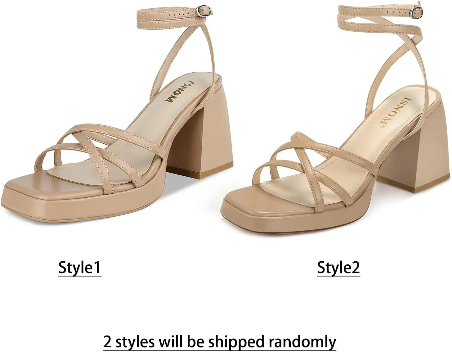 ISNOM Platform Heels for Women Comfortable Strappy Heels Short Block Chunky Sandals Ankle Strap Simple Summer Heeled Sandals Square Open Toe for Wedding Work Party Dressy Prom