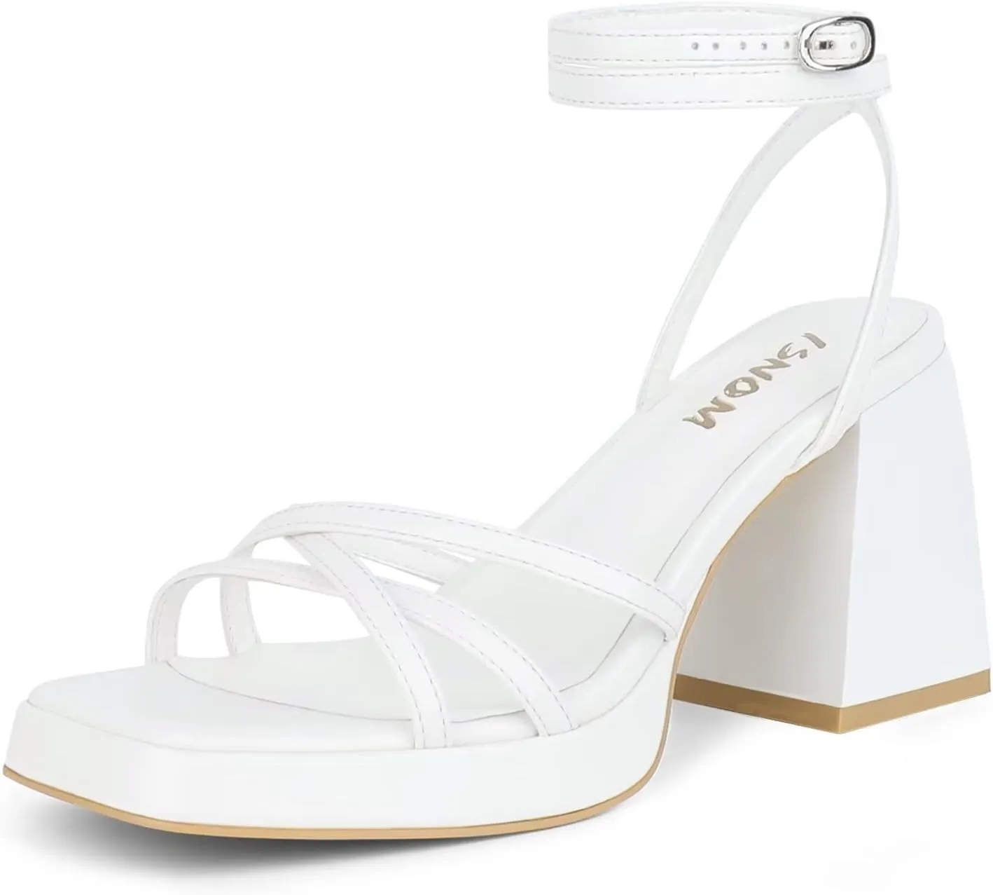 ISNOM Platform Heels for Women Comfortable Strappy Heels Short Block Chunky Sandals Ankle Strap Simple Summer Heeled Sandals Square Open Toe for Wedding Work Party Dressy Prom