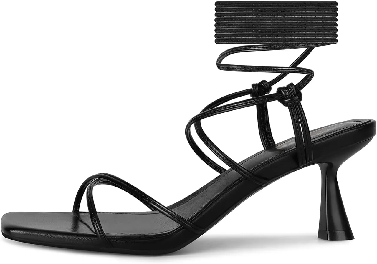ISNOM Strappy Sandals for Women Kitten Heels Lace Up Heels Stiletto Heels Wrap Around Heels with Square Toe
