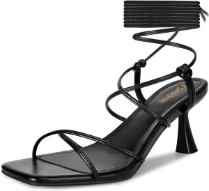 ISNOM Strappy Sandals for Women Kitten Heels Lace Up Heels Stiletto Heels Wrap Around Heels with Square Toe