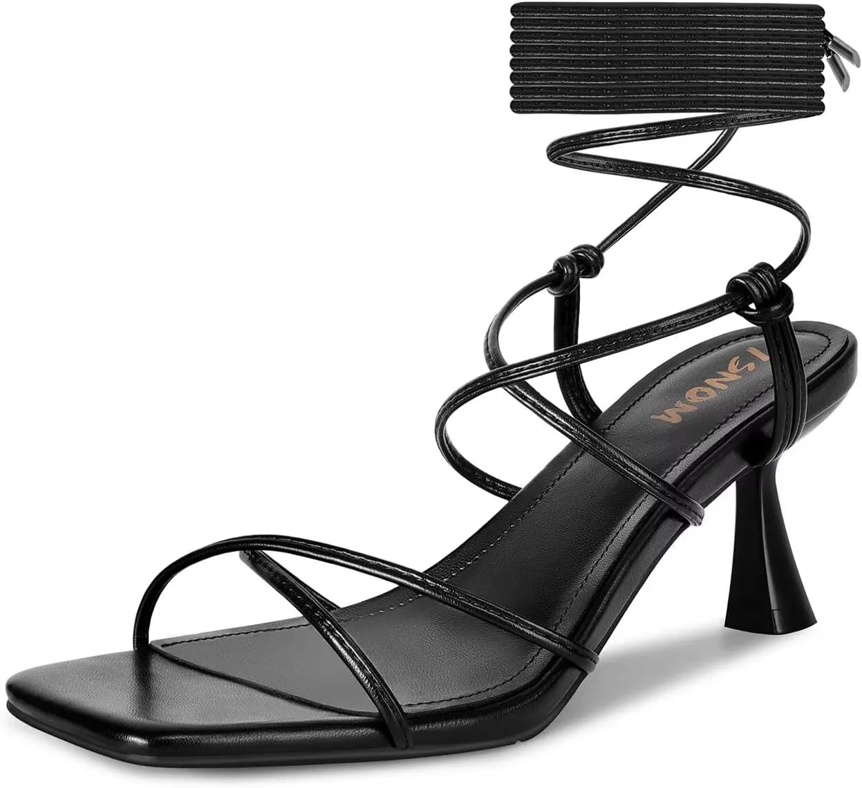 ISNOM Strappy Sandals for Women Kitten Heels Lace Up Heels Stiletto Heels Wrap Around Heels with Square Toe