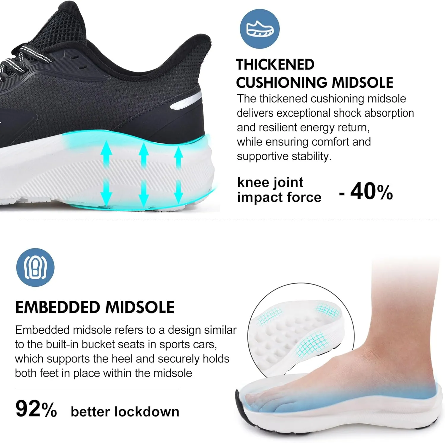 JACKSHIBO Mens Slip in Hands Free Shoes Wide Toe Box Slip On Walking Running Tennis Athletic Sneakers Arch Support Plantar Fasciitis Orthopedic Shoes with Metatarsal Pads Cushion Thick Zero Drop Sole