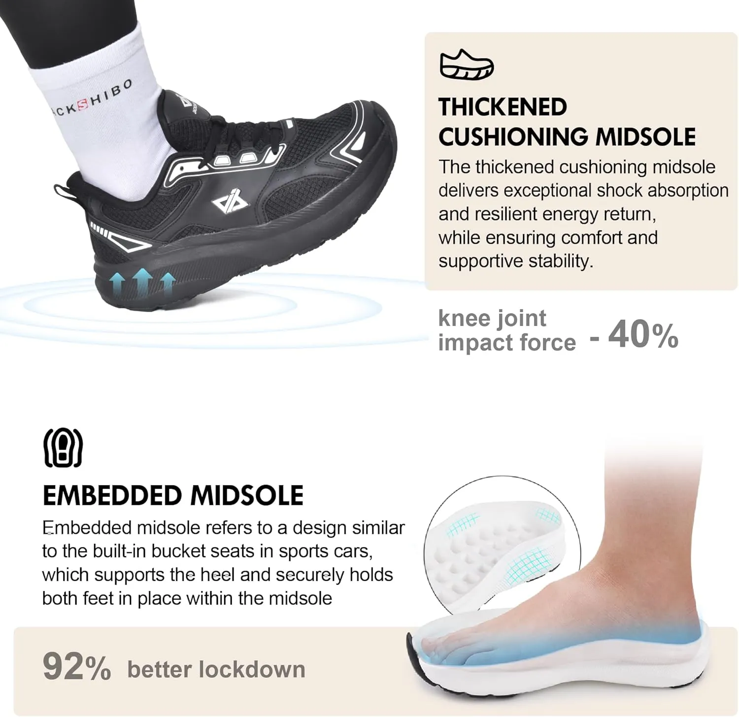 JACKSHIBO Mens Wide Toe Box Slip in Hands Free Shoes,Slip on Arch Support Wide Sneakers,Thick Cushioning Running Shoes,Orthopedic Walking Sneakers with Zero Drop Sole