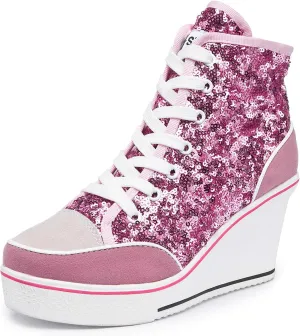 Jiu du Women's Glitter Sneakers Platform Wedge Sneaker Sparkly Sequin High Top Lace Up Sneakers Bling Wedding Dressy Tennis Shoes