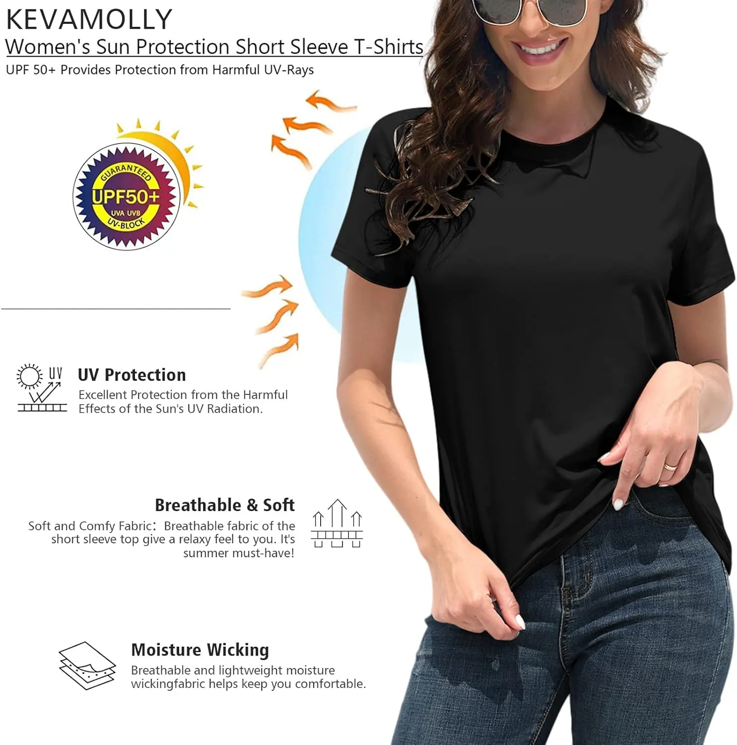 KevaMolly Basic T Shirts for Women UPF 50  Short Sleeve Casual Summer Tops Trendy Solid Loose Fit Tshirt