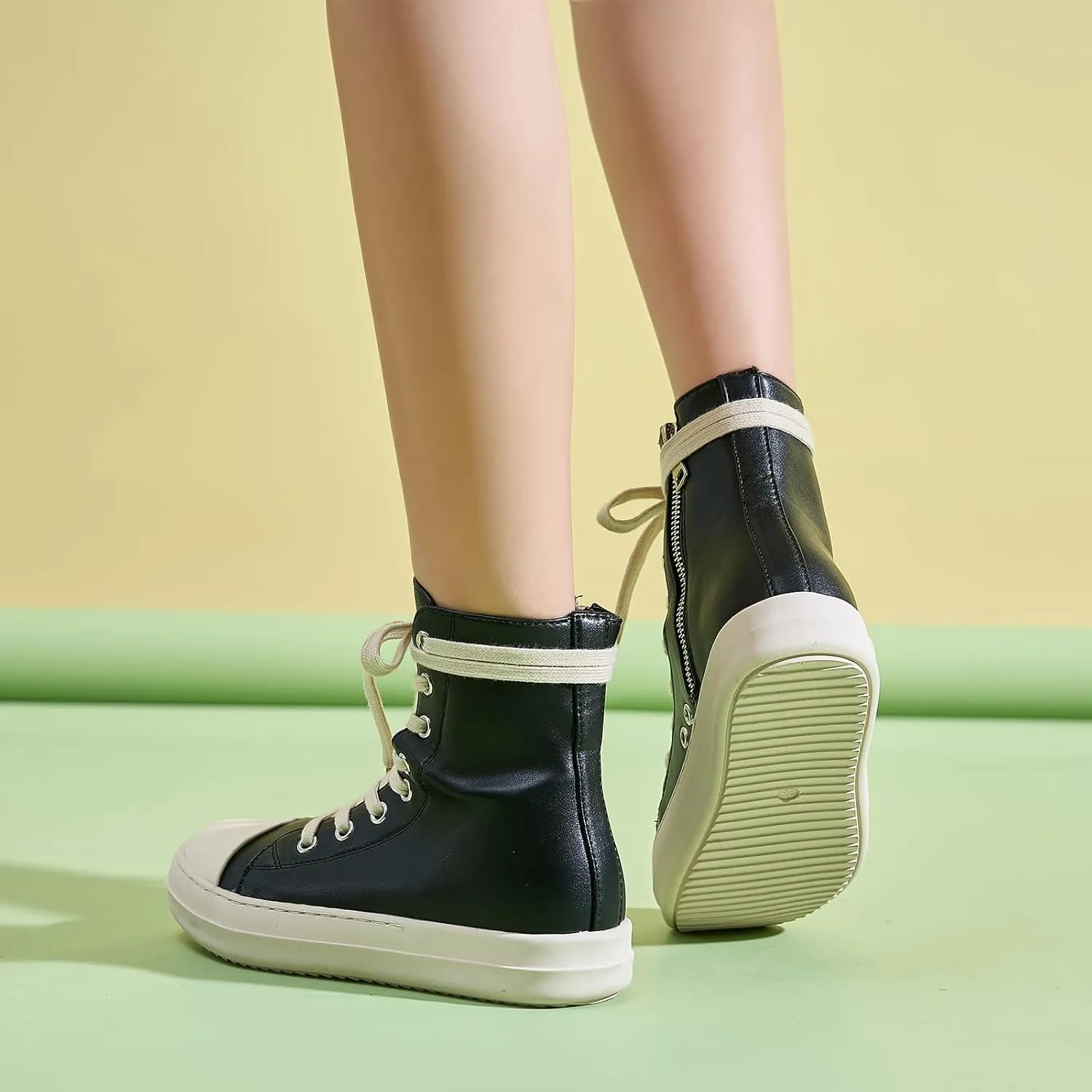 Kluolandi Women's High Top Sneakers Lace Up Canvas Shoes with Zipper Comfort Platform Walking Shoes in Black and White