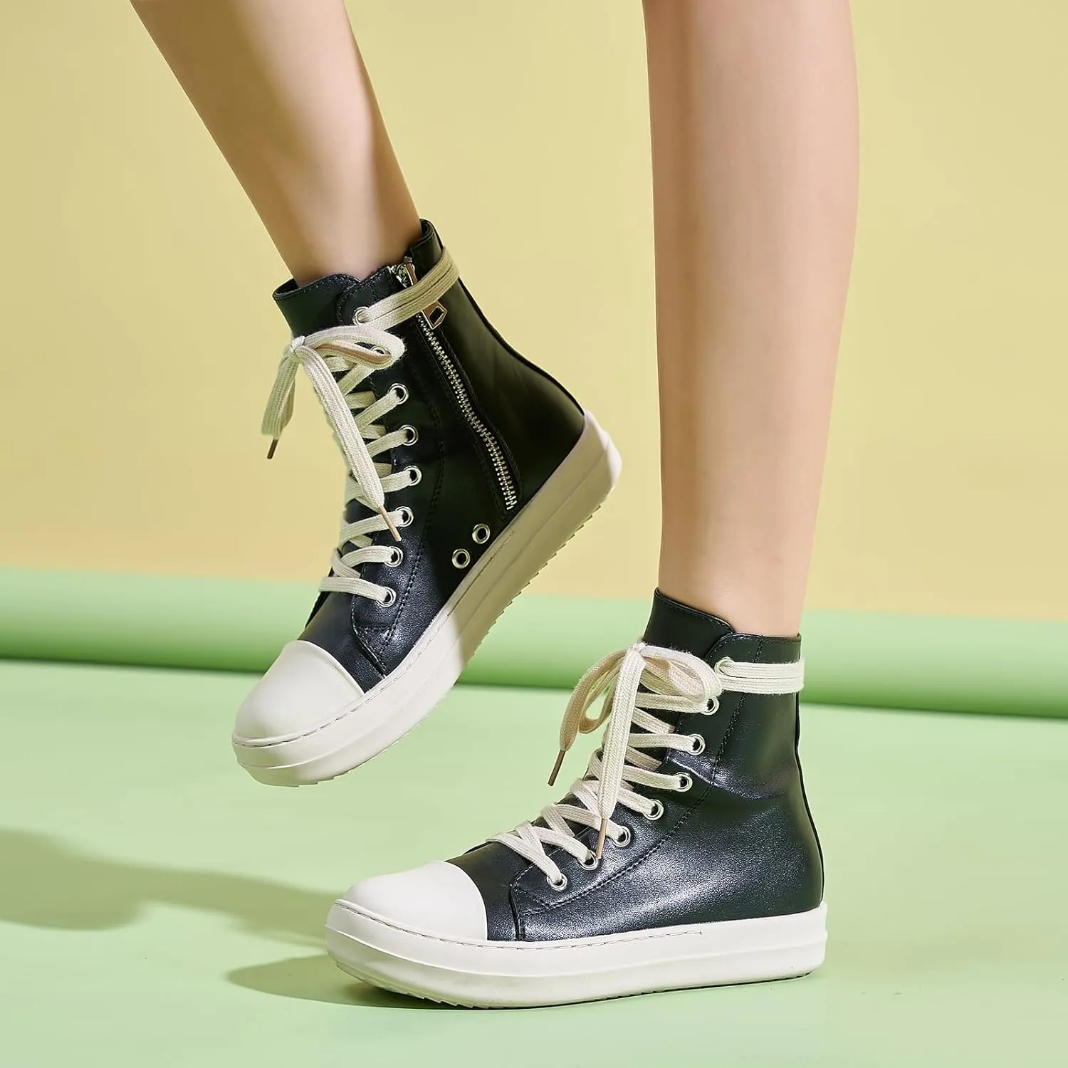 Kluolandi Women's High Top Sneakers Lace Up Canvas Shoes with Zipper Comfort Platform Walking Shoes in Black and White
