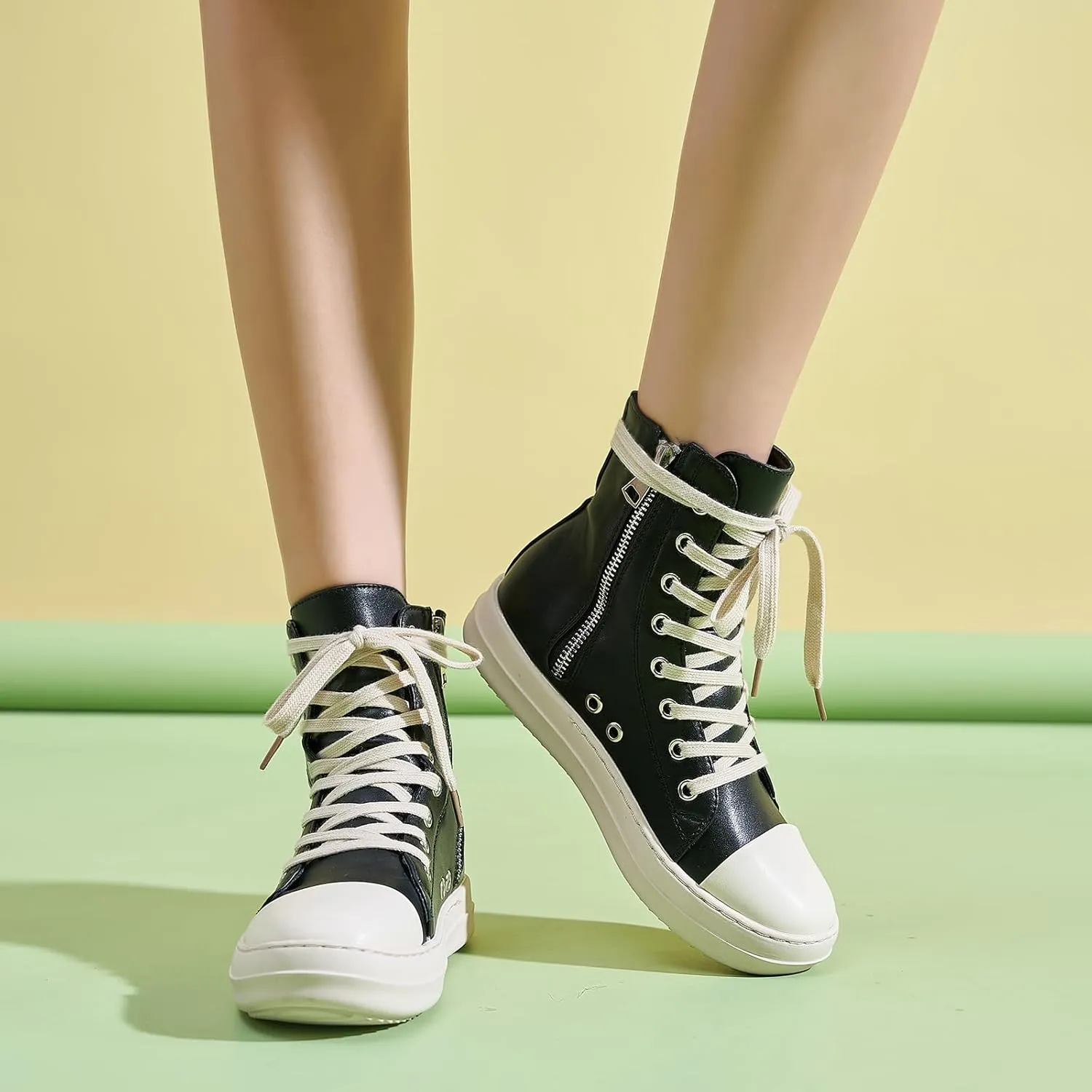 Kluolandi Women's High Top Sneakers Lace Up Canvas Shoes with Zipper Comfort Platform Walking Shoes in Black and White