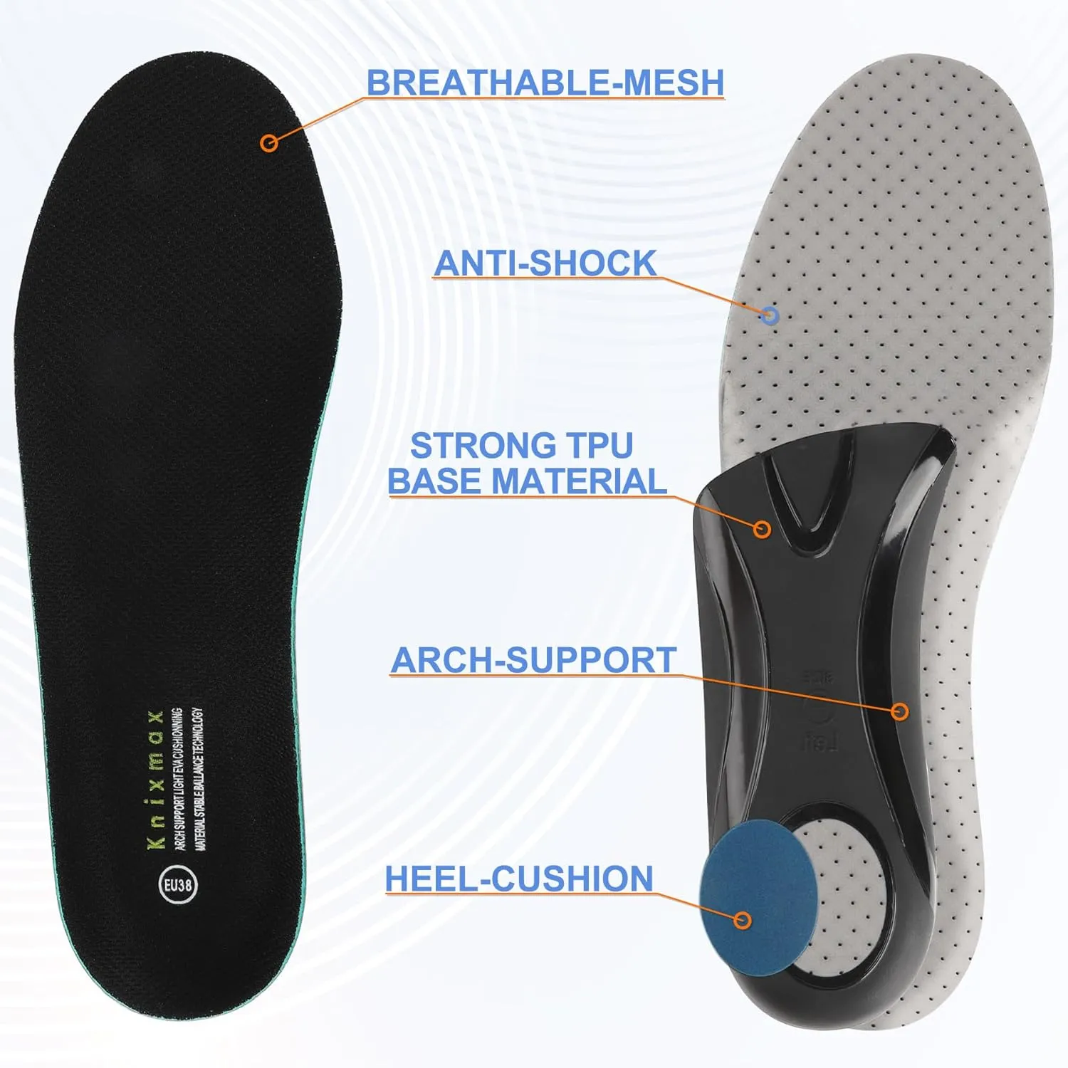 Knixmax Men's Orthotic Shoe Insoles Arch Support Sneaker Inserts Breathable Cushioning Shoes Pads Relieve Foot Pain Boot Liners Plantar Fasciitis Innersoles 13 Women/11 Men, Black, EU 44