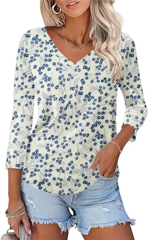 KTILG Women's V Neck T Shirts 3/4 Sleeve Blouse Summer Tops Dressy Casual Solid Basic Tees