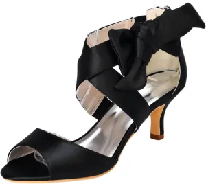 Ladies Knot Sandals Wedding Kitten Heels Silver Satin Shoes 6CM Bride Party Dress Peep Toe Across Strappy Zip