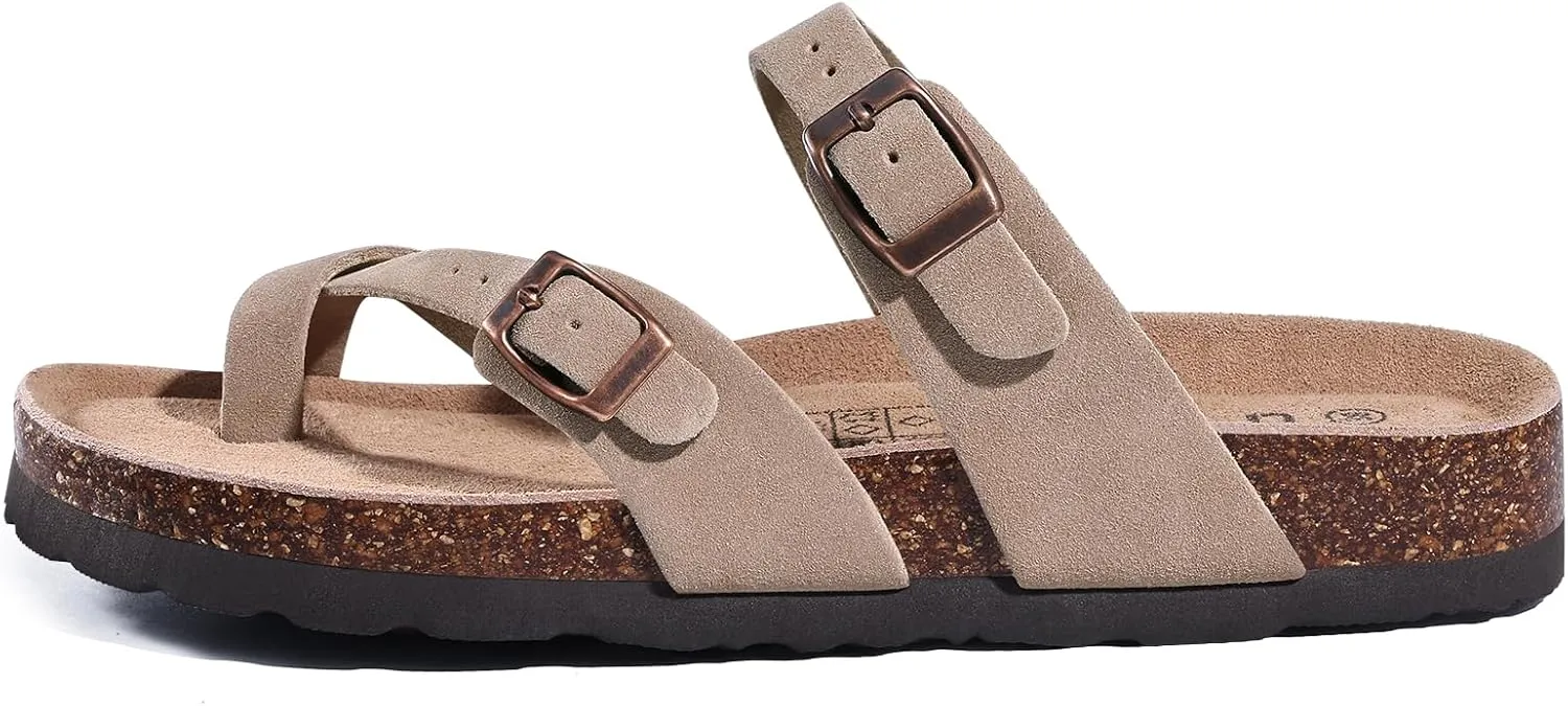 Litfun Women's Genuine Suede Cork Footbed Sandals Comfortable Summer Slides with Adjustable Buckle
