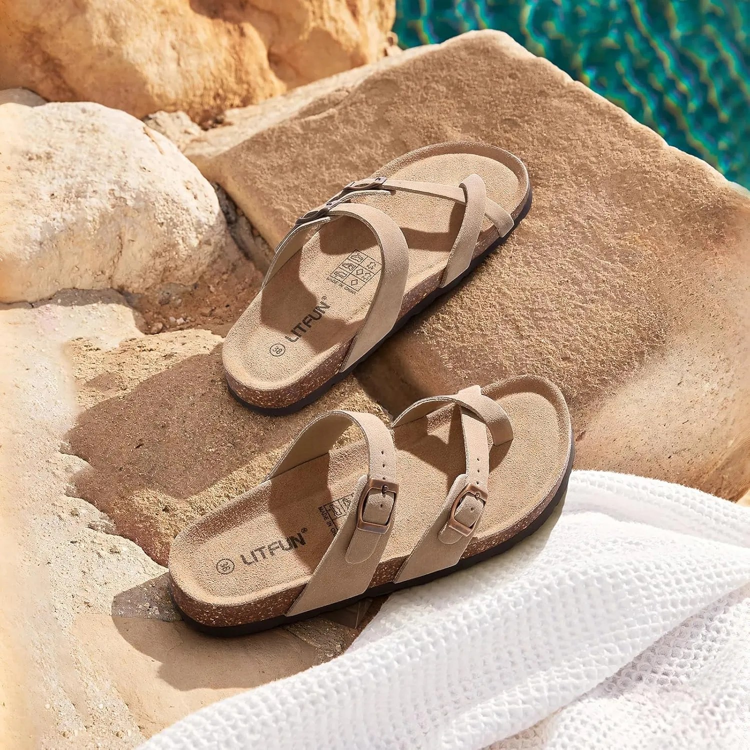 Litfun Women's Genuine Suede Cork Footbed Sandals Comfortable Summer Slides with Adjustable Buckle