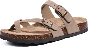Litfun Women's Genuine Suede Cork Footbed Sandals Comfortable Summer Slides with Adjustable Buckle