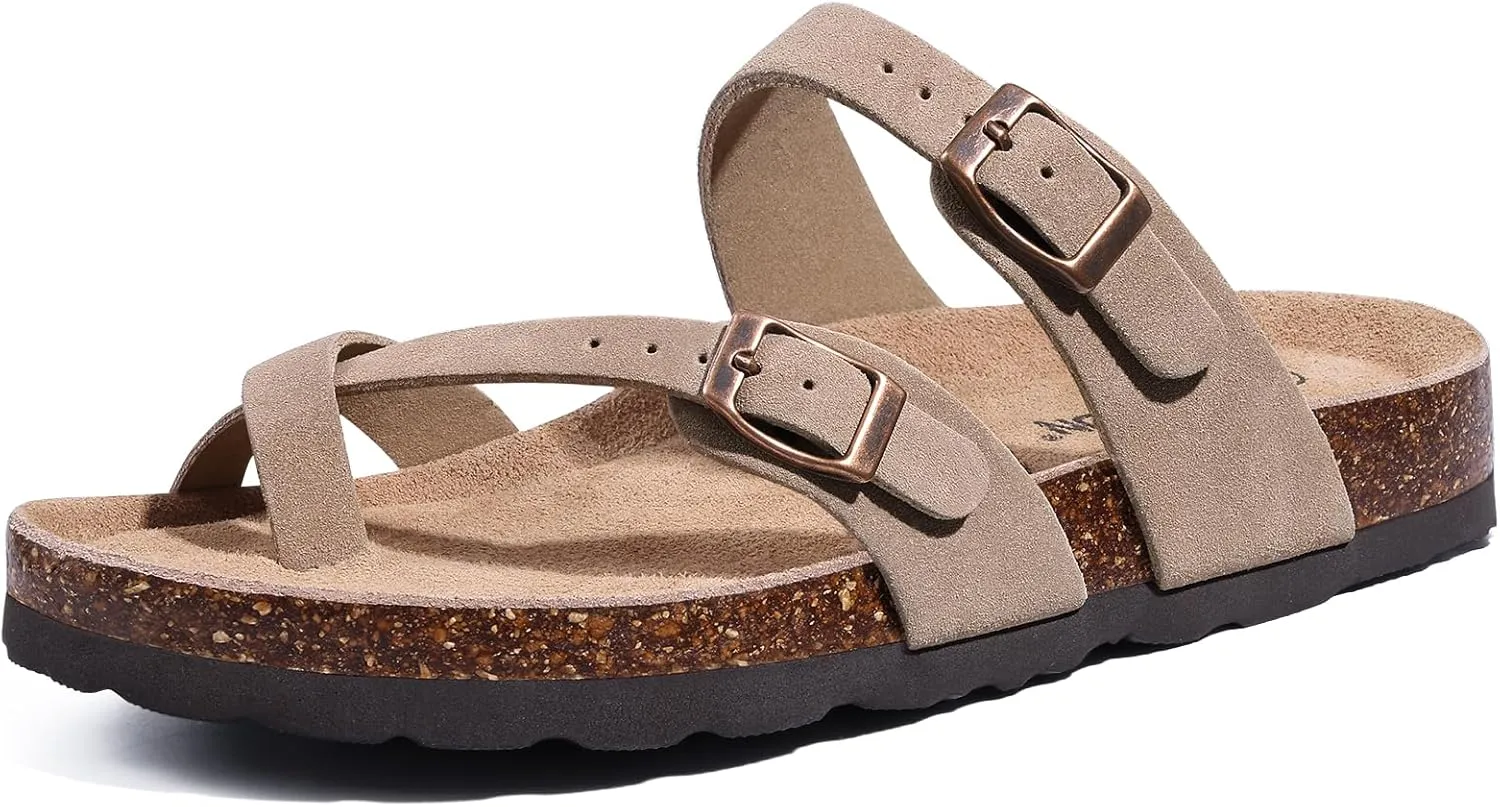 Litfun Women's Genuine Suede Cork Footbed Sandals Comfortable Summer Slides with Adjustable Buckle