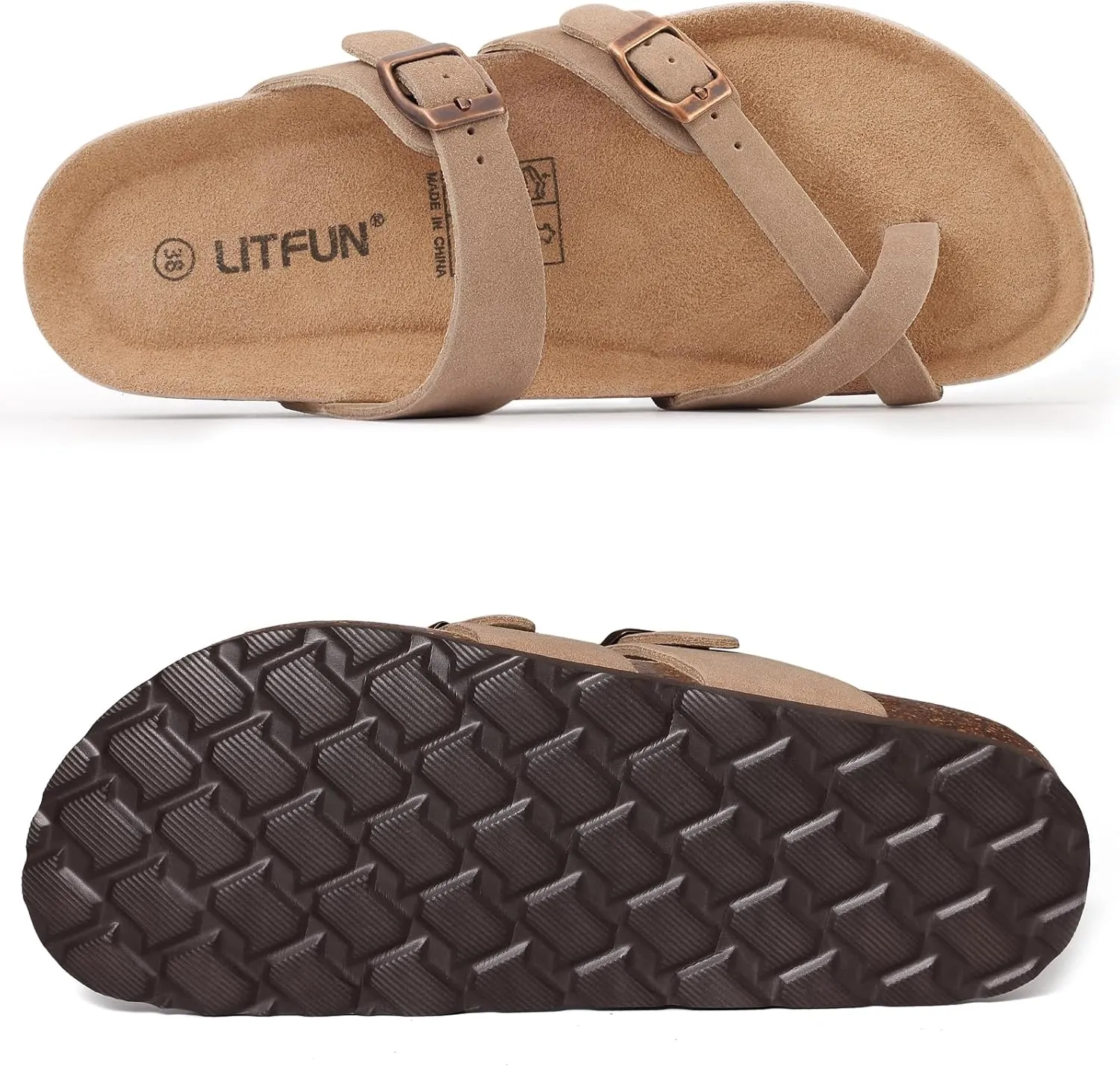 Litfun Women's Genuine Suede Cork Footbed Sandals Comfortable Summer Slides with Adjustable Buckle