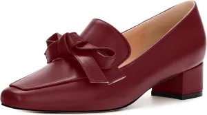 Loafers with Heels for Womens Bowknot Chunky Low Heels, Women's Pumps Closed Square Toe Slip On Dress Shoes
