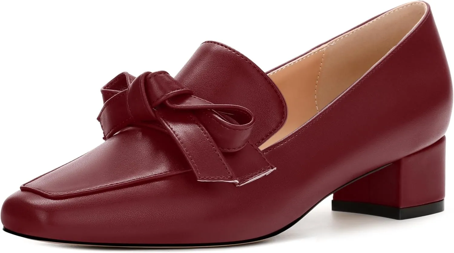 Loafers with Heels for Womens Bowknot Chunky Low Heels, Women's Pumps Closed Square Toe Slip On Dress Shoes