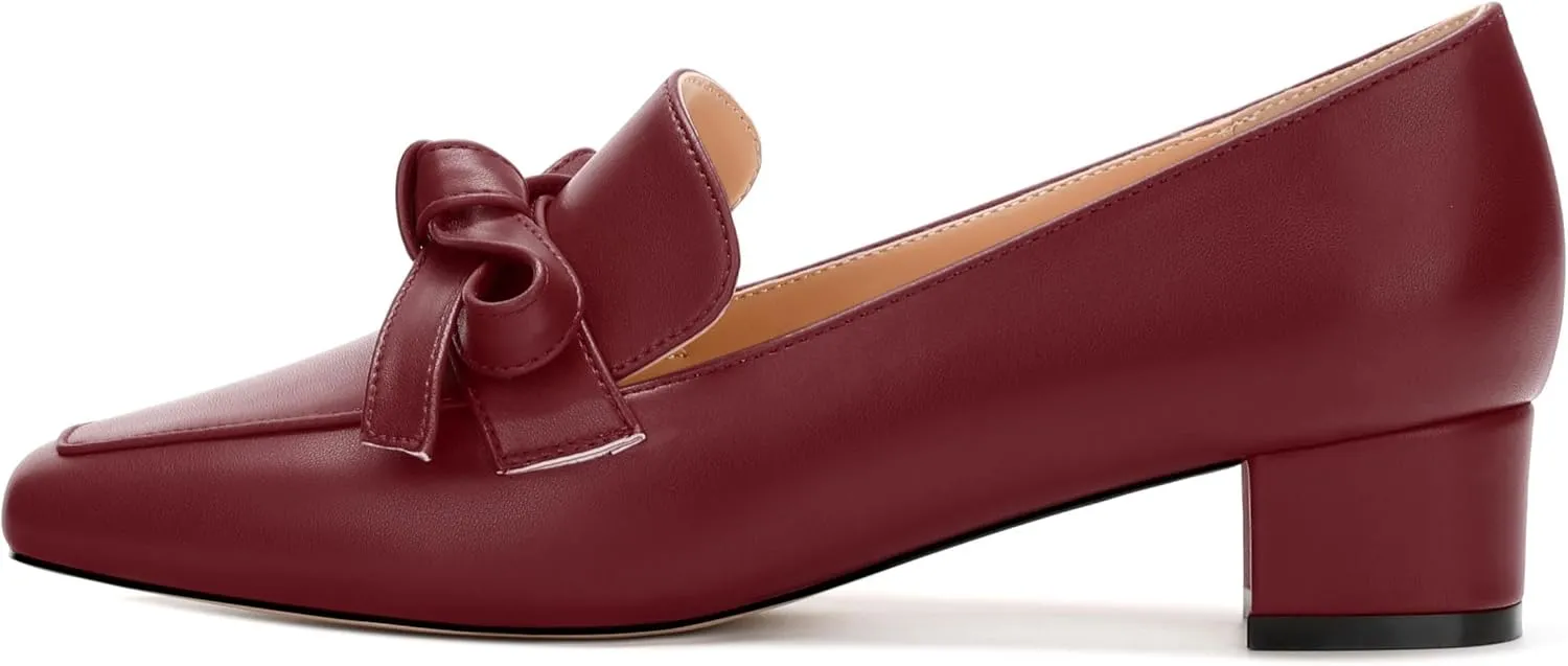 Loafers with Heels for Womens Bowknot Chunky Low Heels, Women's Pumps Closed Square Toe Slip On Dress Shoes