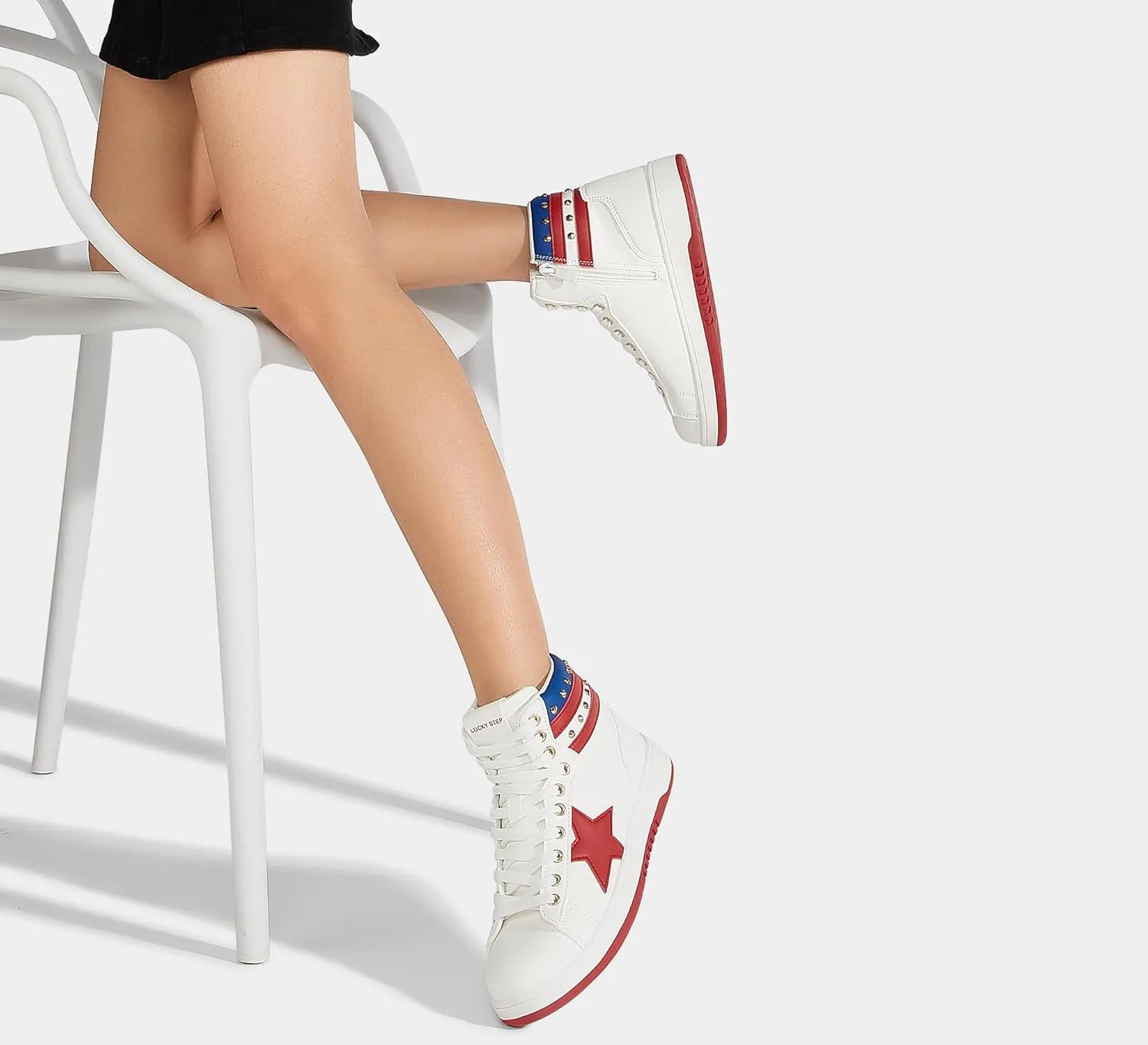 LUCKY STEP Women High Top Fashion Glitter Star Sneakers Retro Zipper Ankle Boots Basketball Tennis Casual Faux Leather Walking Shoes