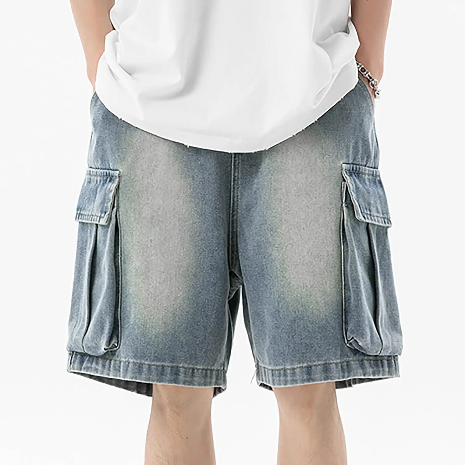 Men Wide Leg Y2K Hip Hop Mid Jean Shorts Work Denim Shorts with Pockets Casual 2025 Trendy Streetwear