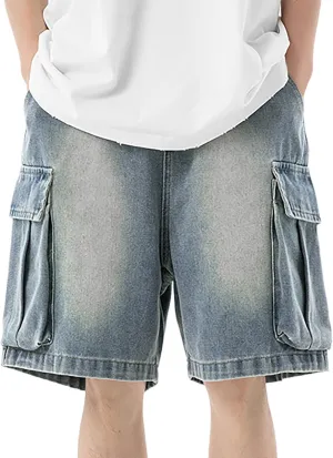 Men Wide Leg Y2K Hip Hop Mid Jean Shorts Work Denim Shorts with Pockets Casual 2025 Trendy Streetwear