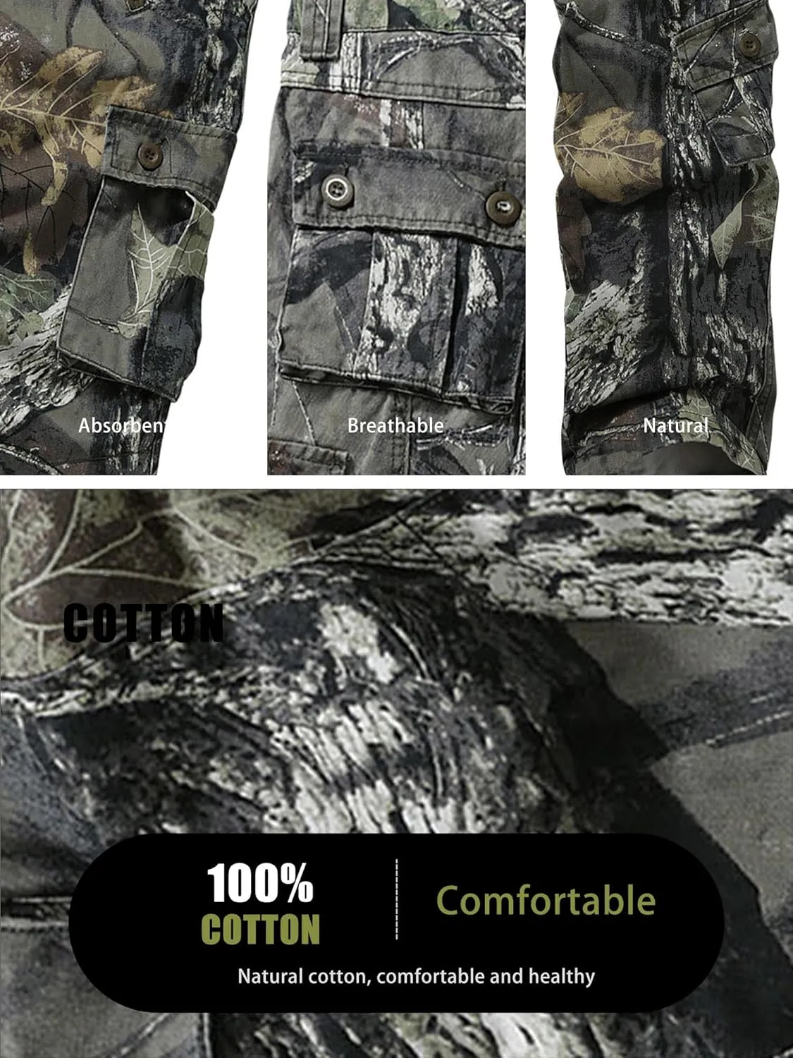 Men's Camo BDU Cargo Tactical Ripstop Casual Lightweight Baggy Combat 100% Cotton Pants with 8 Pockets(No Belt)
