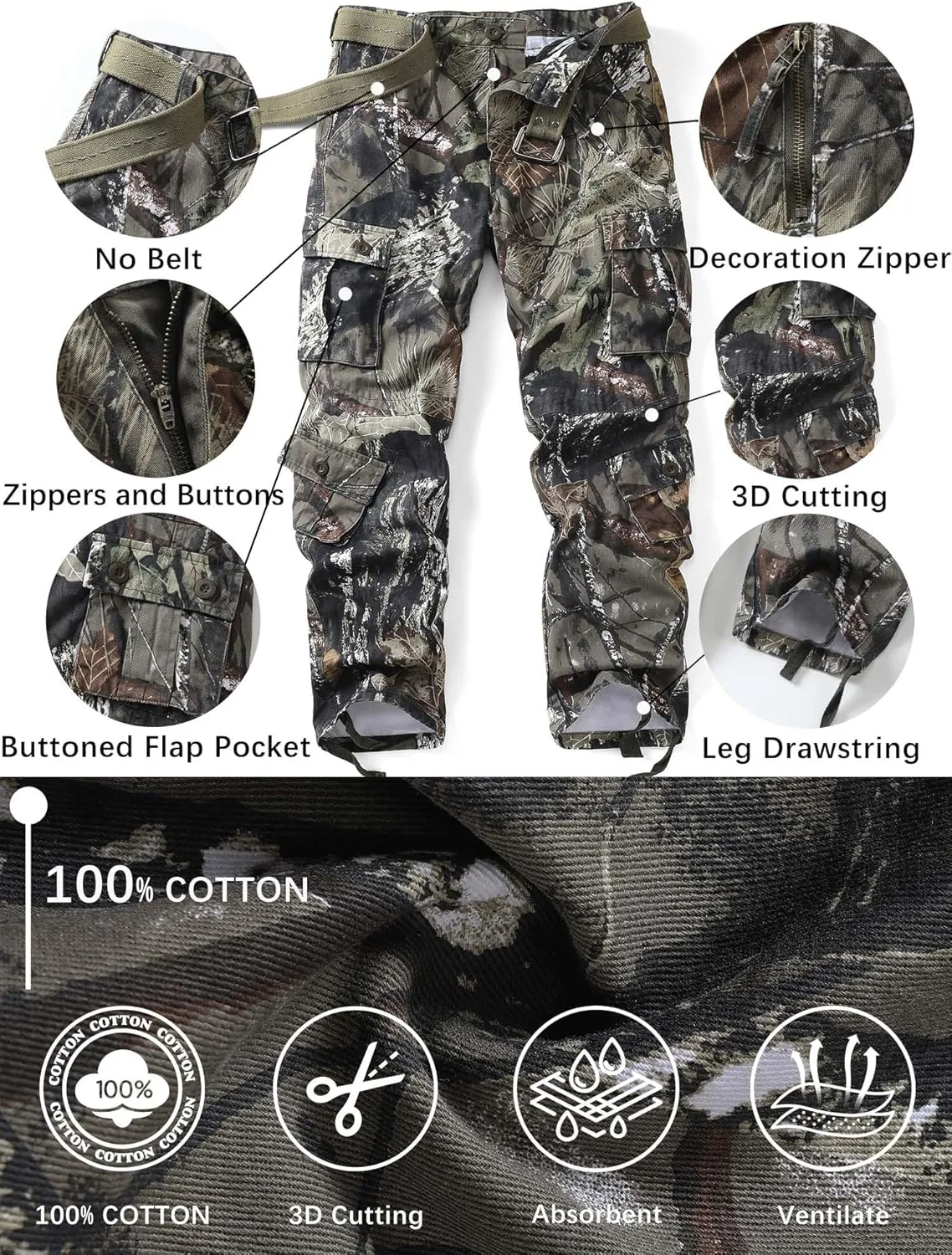 Men's Camo BDU Cargo Tactical Ripstop Casual Lightweight Baggy Combat 100% Cotton Pants with 8 Pockets(No Belt)