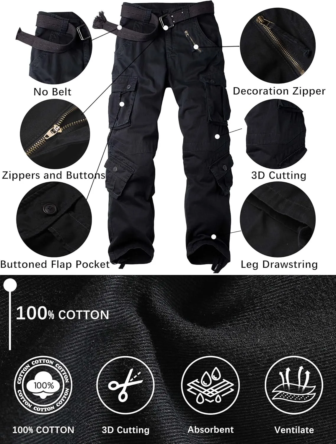 Men's Camo BDU Cargo Tactical Ripstop Casual Lightweight Baggy Combat 100% Cotton Pants with 8 Pockets(No Belt)