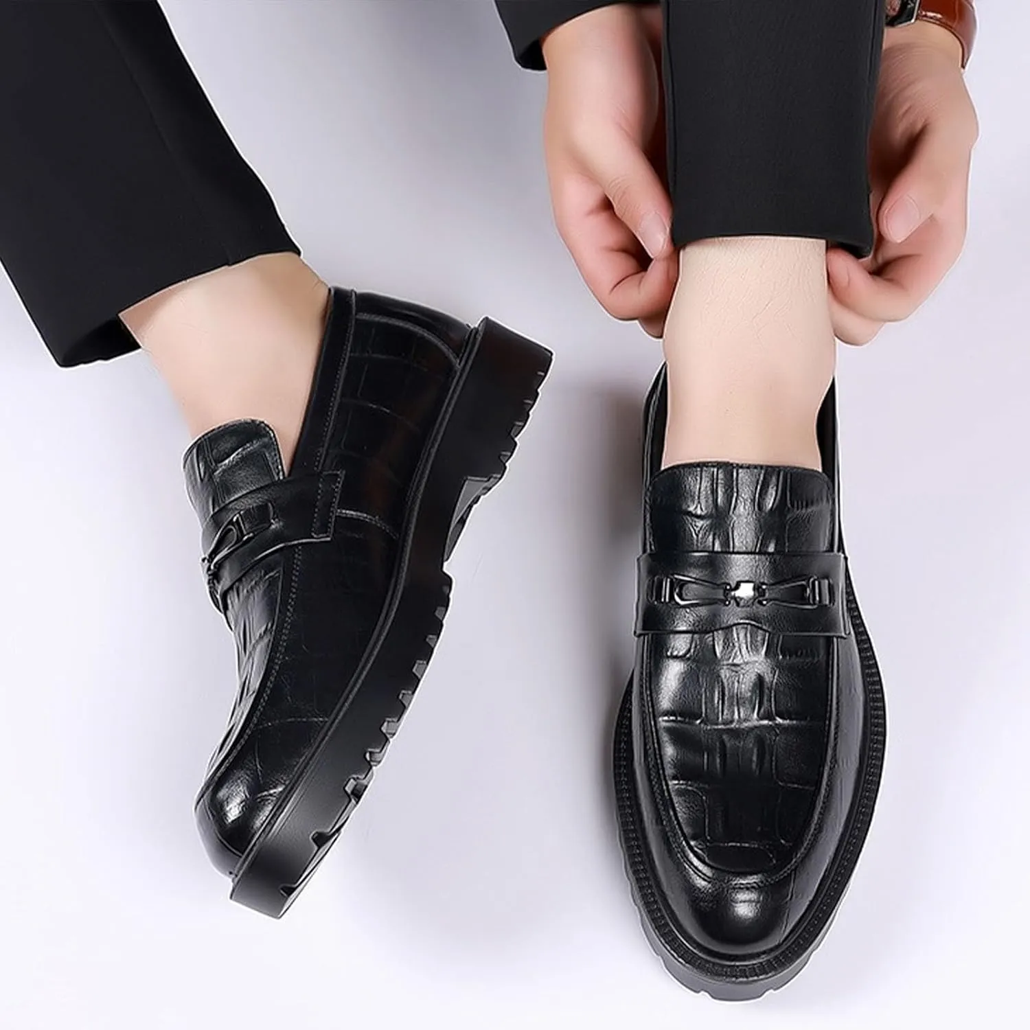 Men's Classic Leather Print Chunky Low Heel Loafers Retro Round Toe Comfortable Lightweight Lug Sole Platform Anti-Slip Low-Top Slip-Ons Business Dress Shoes for Office Party Walking Formal