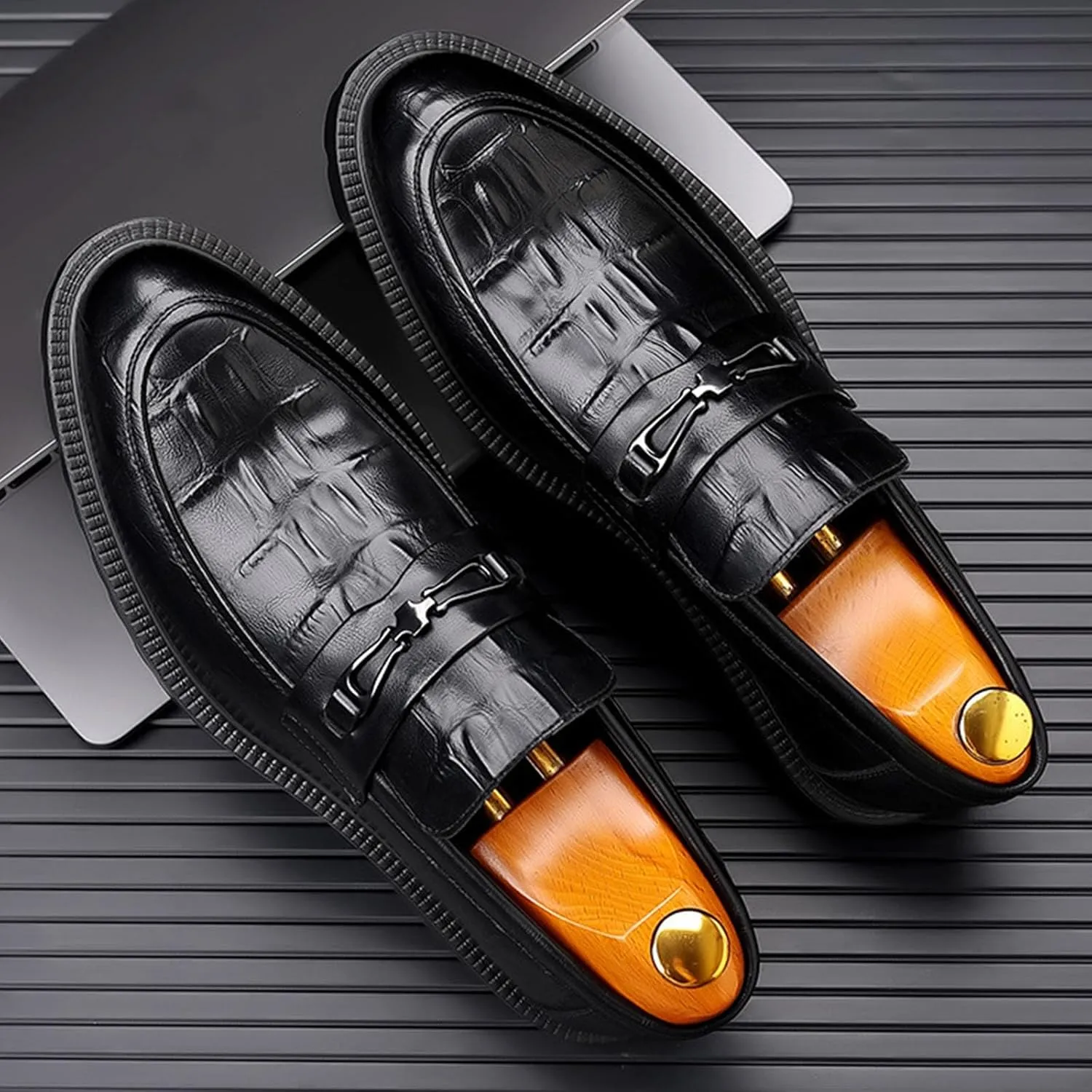 Men's Classic Leather Print Chunky Low Heel Loafers Retro Round Toe Comfortable Lightweight Lug Sole Platform Anti-Slip Low-Top Slip-Ons Business Dress Shoes for Office Party Walking Formal