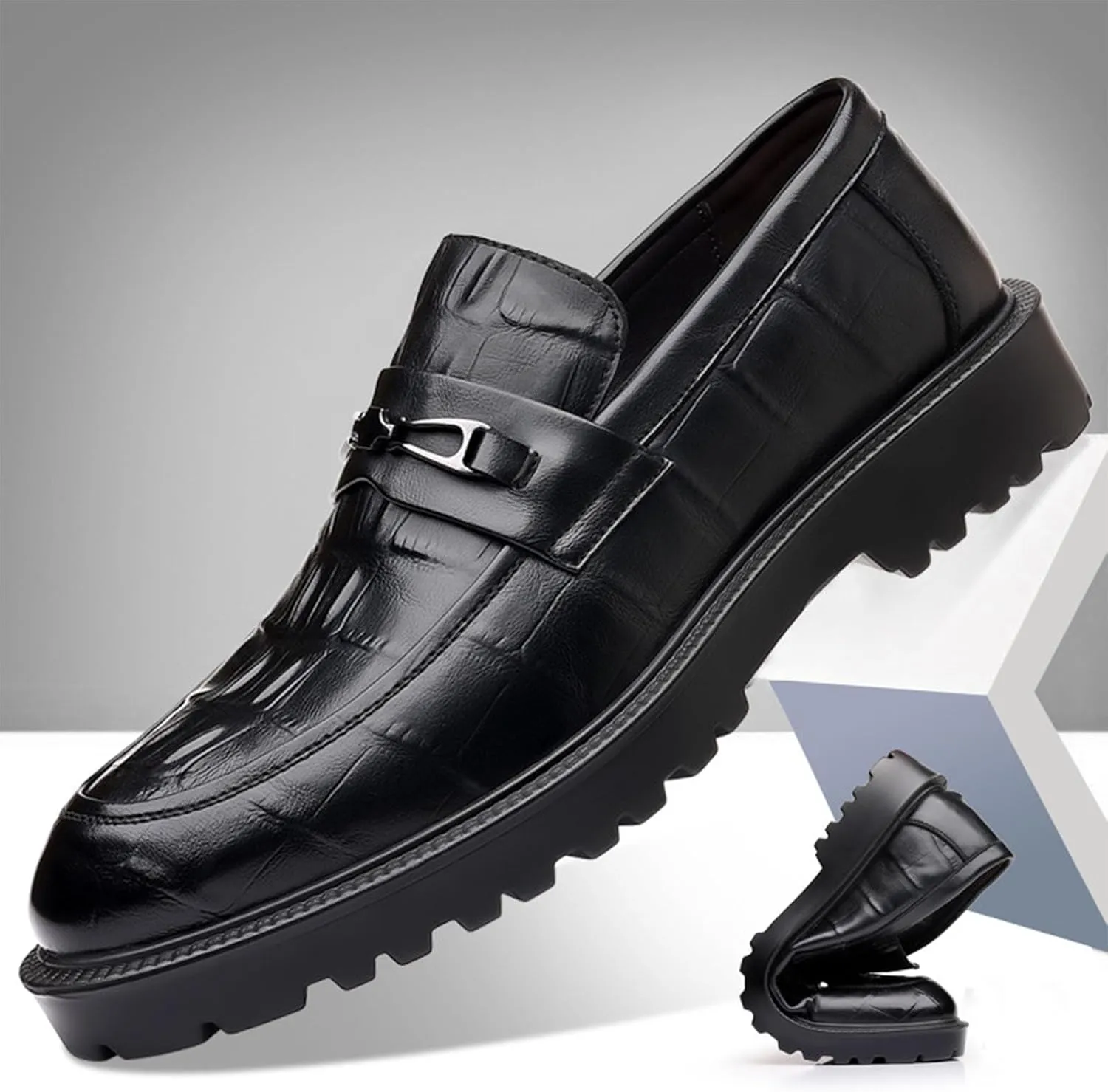 Men's Classic Leather Print Chunky Low Heel Loafers Retro Round Toe Comfortable Lightweight Lug Sole Platform Anti-Slip Low-Top Slip-Ons Business Dress Shoes for Office Party Walking Formal