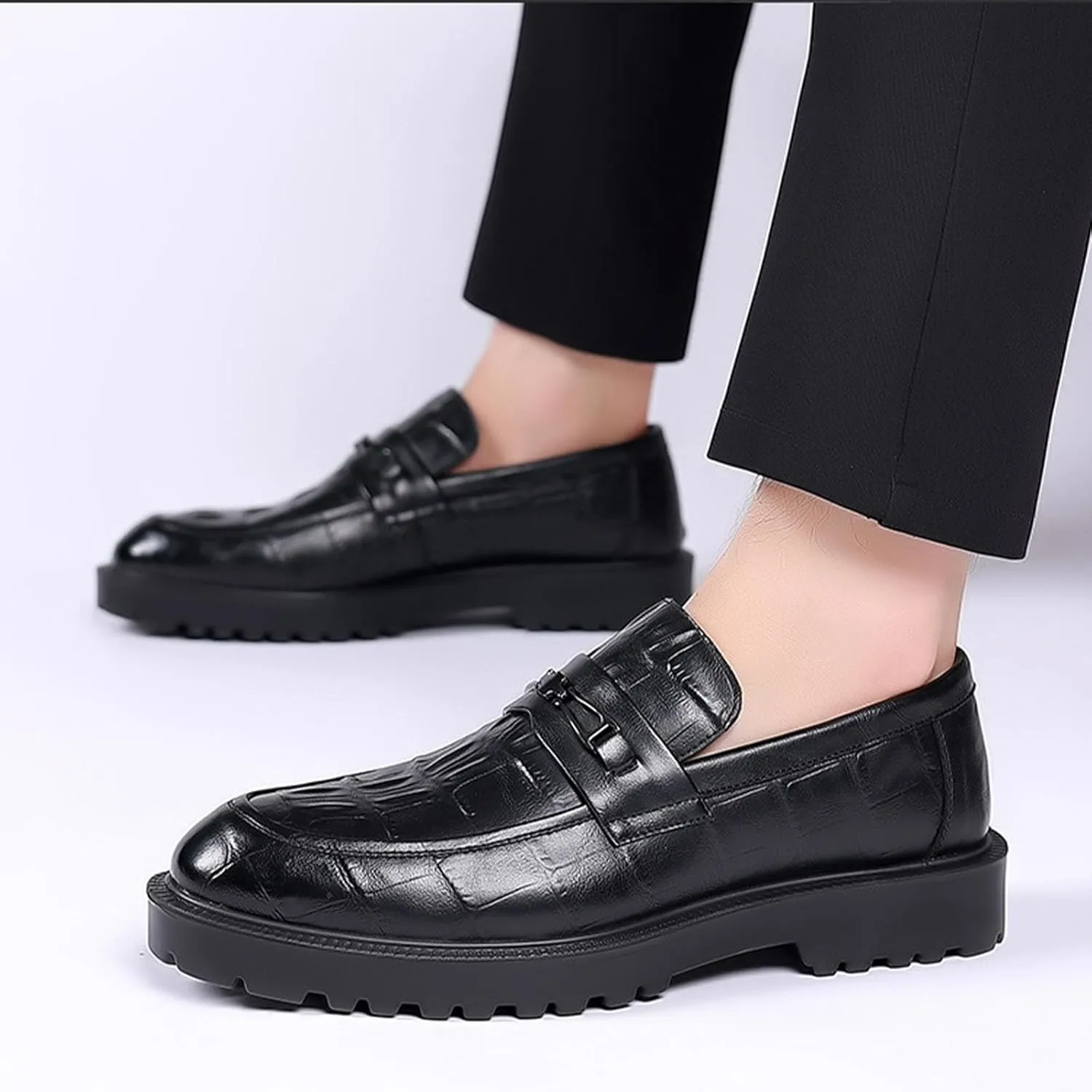 Men's Classic Leather Print Chunky Low Heel Loafers Retro Round Toe Comfortable Lightweight Lug Sole Platform Anti-Slip Low-Top Slip-Ons Business Dress Shoes for Office Party Walking Formal