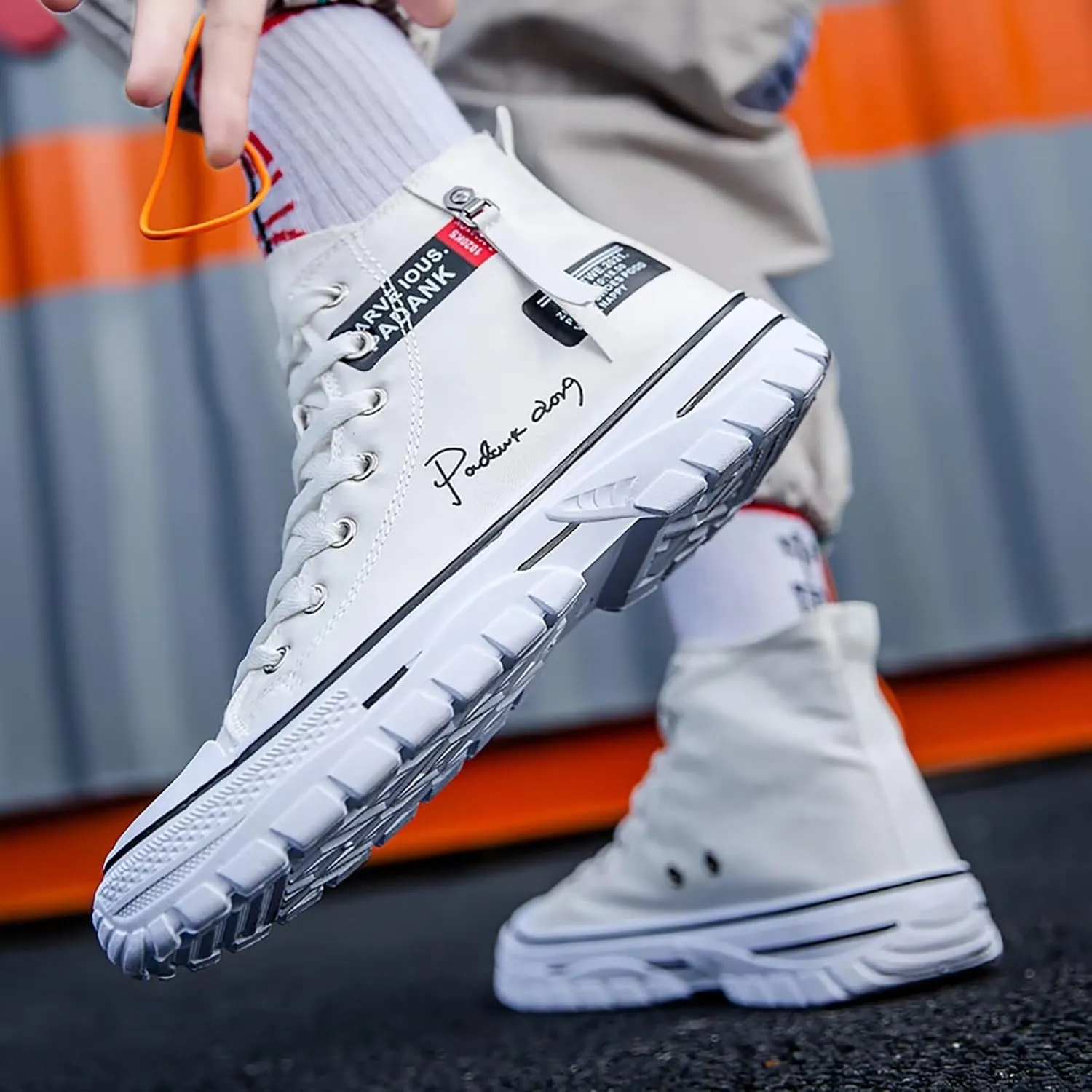 Men's High Top Canvas Shoes Casual Walking Skate Sneakers for Men Fashion Trendy Comfort Shoes with Soft Out-Sole