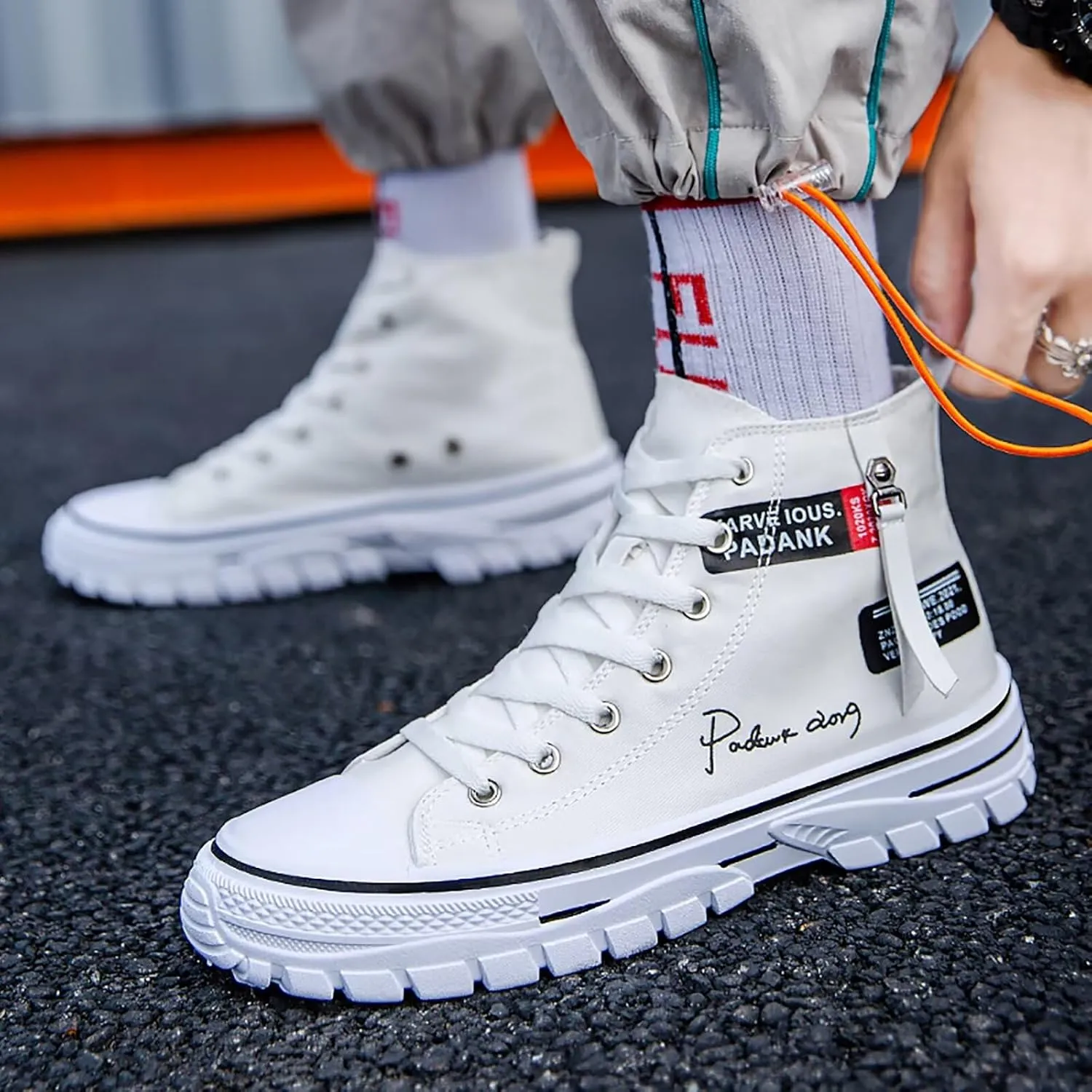 Men's High Top Canvas Shoes Casual Walking Skate Sneakers for Men Fashion Trendy Comfort Shoes with Soft Out-Sole