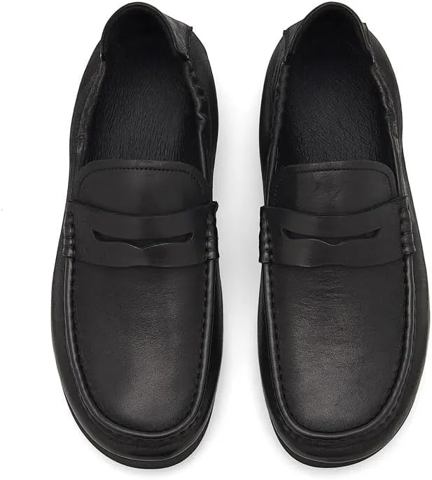 Men's Leather Hand-Sewn Flats Loafers Comfortable Round Toe Low Top Non-Slip Casual Dress Shoes