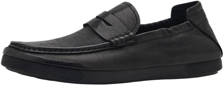 Men's Leather Hand-Sewn Flats Loafers Comfortable Round Toe Low Top Non-Slip Casual Dress Shoes